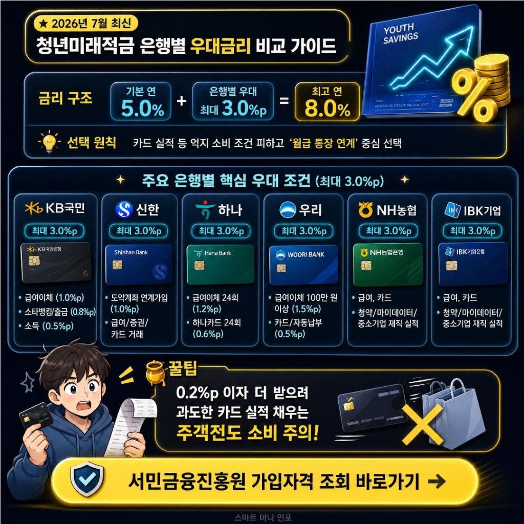 7월 최신 - 2026 청년미래적금 은행별 우대 금리 조건 비교 및 숨은 꼼수