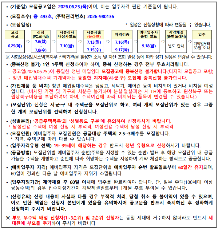2026년 서울지역본부 청년 매입임대주택 공고 포스터